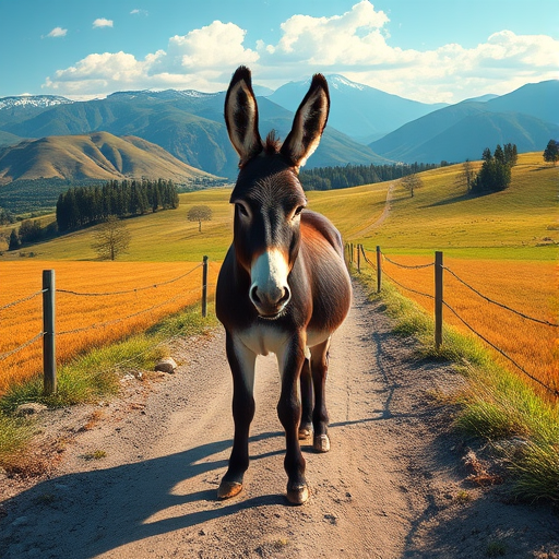 Create a vibrant digital painting of a donkey standing on a farm path with mountains in the background, using a 50mm lens, f/8 aperture, ISO 100, daytime lighting, and a panoramic view, emphasizing clarity and sharp detail in the scene.