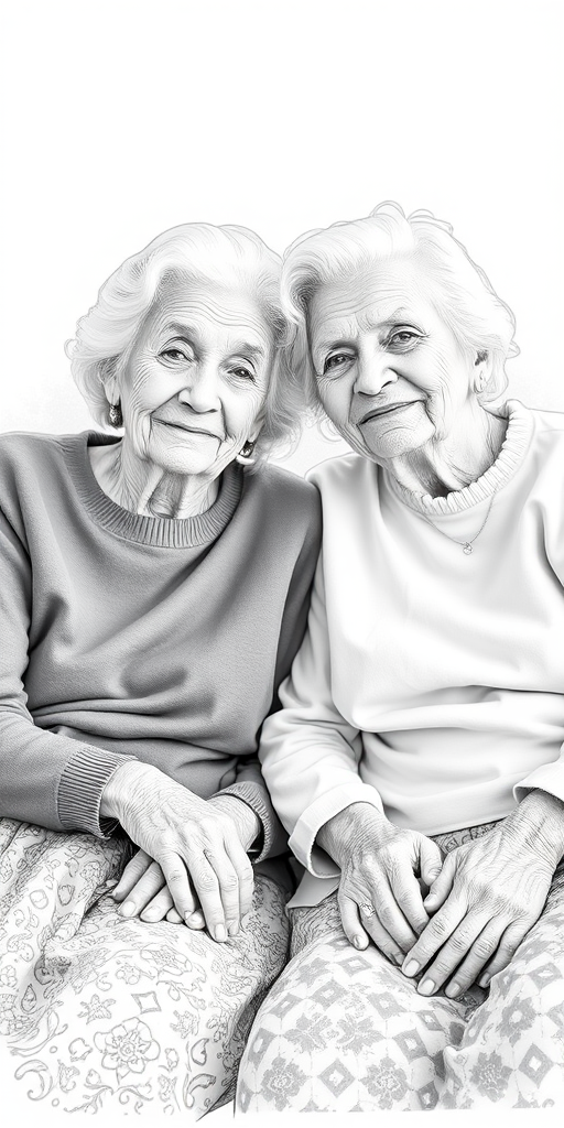 Create a high-resolution line drawing of two elderly women sitting together with warm expressions, captured with a Canon EOS R5, 50mm lens, f/1.8 aperture, ISO 100, natural soft diffuse lighting, and a slightly elevated angle for intimacy.