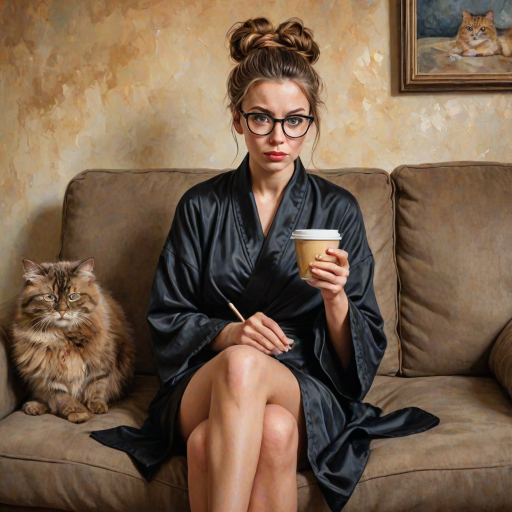 The words ‘Professional Overthinker’ (exact spelling) An exaggerated whimsical illustration of a cute silly lady with unruly messy brown bun and black glasses pouty lips and a thinking expression. Shes sitting on the couch, legs folded wearing a black silk robe, black fuzzy slippers. She’s holding her coffee cup and making a deep-in-thought face.  A quirky scruffy cat (dog) looking at her against a mottled, oil painting style soft background living room setting.