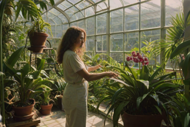 Greenhouse filled with tropical plants, a woman tends to orchids and ferns, the air warm and humid, with sunlight streaming through the glass panes.