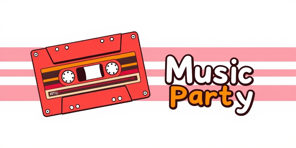 Create an 80's style retro music party graphic featuring two stylized cassette tapes, vibrant red and brown colors, with the text "Retro-Music Party" in a playful font, with a clean background, captured with a DSLR camera, f/1.8 aperture, ISO 100, 50mm lens, natural lighting, and a shallow depth of field to enhance clarity and focus on details.