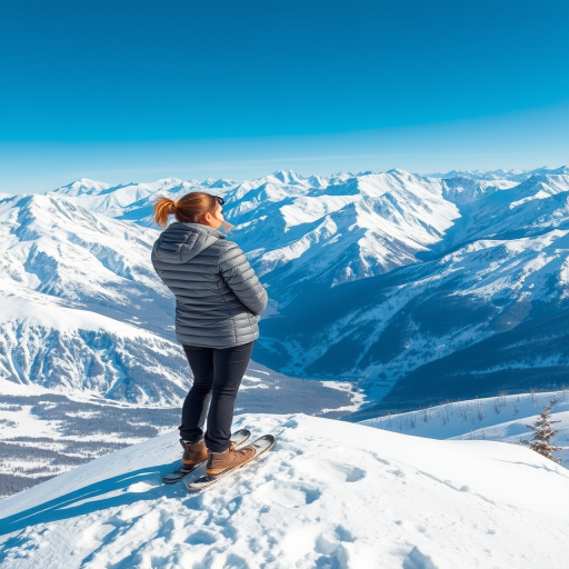Snow-covered mountains, the sky a brilliant blue, a woman in a puffy jacket stands at the top of a ridge, her skis planted in the snow as she takes in the stunning view below.