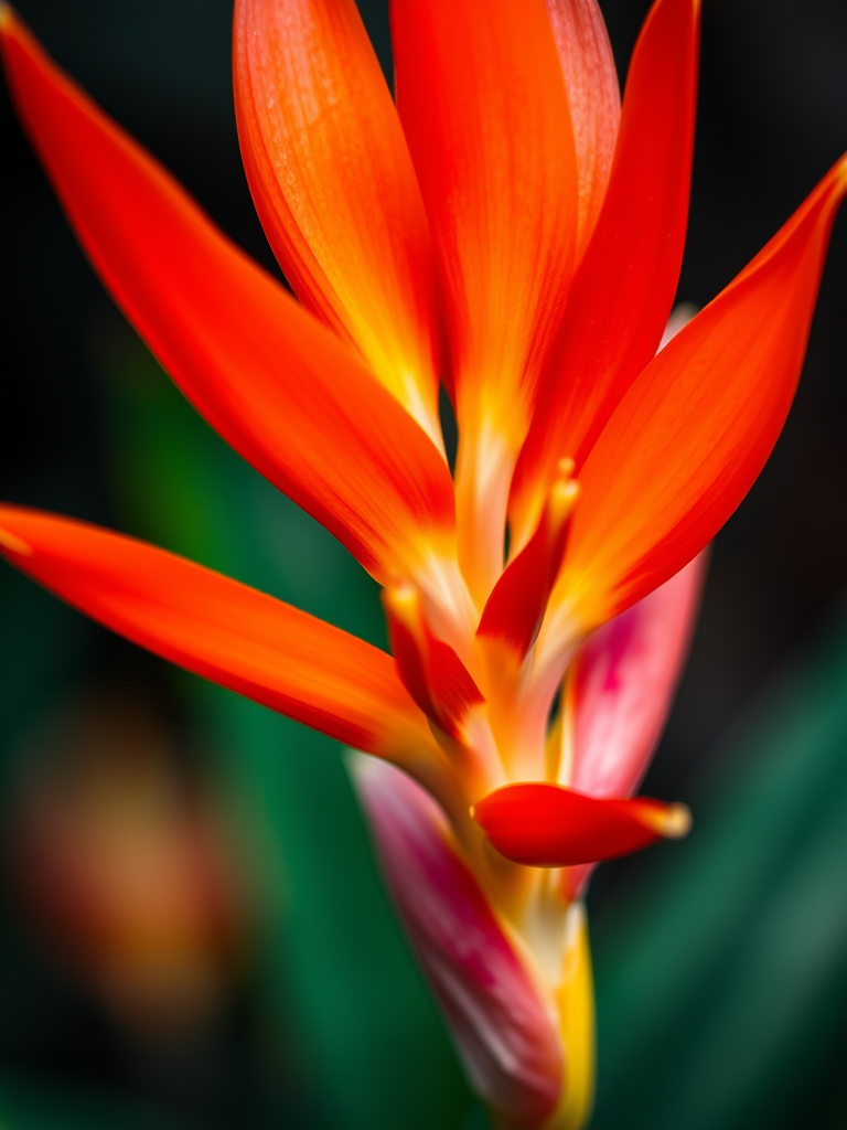 Close-up of a vibrant heliconia flower with striking red and orange petals, soft bokeh background, aperture f/2.8, shutter speed 1/250s, ISO 200, macro lens, DSLR camera.