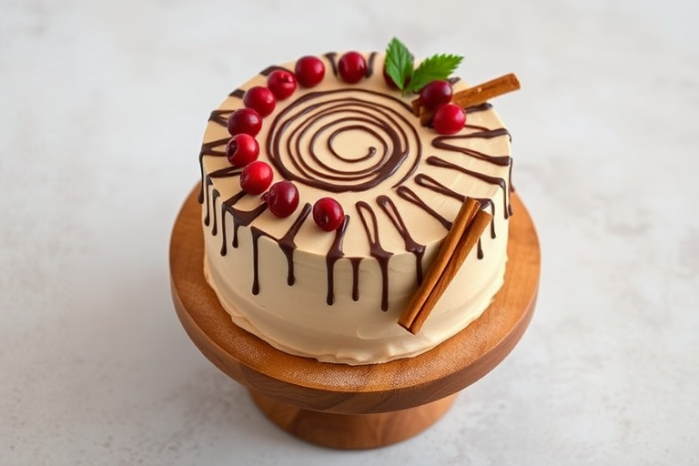 A beautifully decorated cake on a wooden cake stand featuring a smooth beige frosting topped with a circular design of chocolate drizzle and surrounded by fresh cranberries and green leaves, with a couple of cinnamon sticks artfully placed on the side. The background has a soft, neutral tone that complements the cake's warm colors.