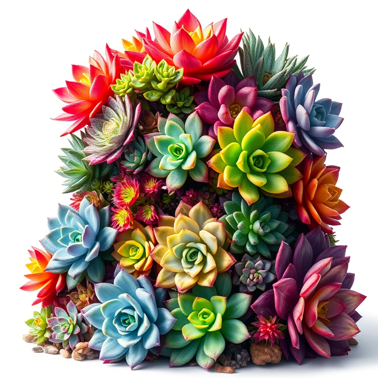 Create a vibrant and detailed illustration of a stacked arrangement of colorful succulents, showcasing various species with lush leaves and intricate patterns, against a plain white background, using a Canon EOS R5 with an 85mm lens at f/8, ISO 100, and a resolution of 8000x12000 pixels for maximum clarity.
