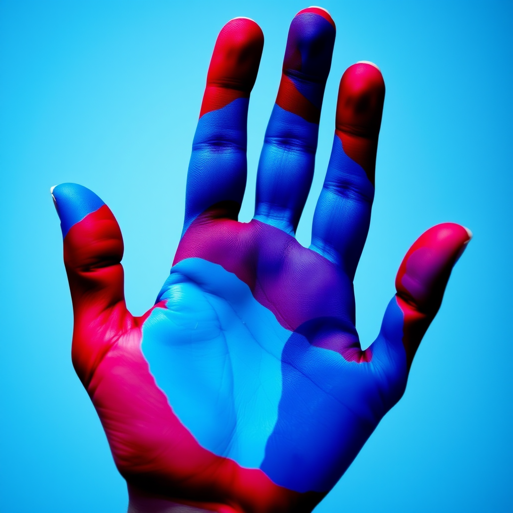 Create a vibrant abstract image of a handprint with overlapping blue and red colors, using a DSLR camera with a 50mm lens, aperture f/1.8, ISO 100, and a shallow depth of field for enhanced detail and texture.