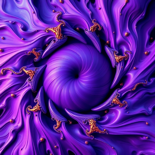 Regenerate a vibrant abstract fractal design featuring swirling purple and blue tones with hints of pink and gold, using a Canon EOS R5, f/8 aperture, ISO 200, 24mm lens, shot from an overhead view in high resolution to enhance image quality.