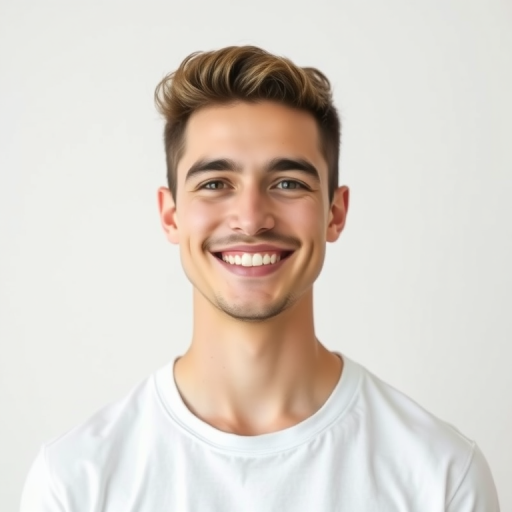 portrait of a smiling young man on a plain white background, taken with a 50mm lens at f/1.8, ISO 200, 1/100s, natural light, shallow depth of field, frontal view, shot with a DSLR camera