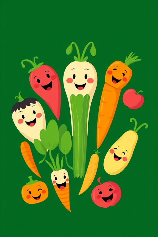 Create a vibrant, cartoon-style illustration of happy vegetables with faces on a solid dark green background, using a Canon EOS R5 with a 50mm f/1.2 lens at f/2.8, ISO 100, and a soft diffused light source to enhance colors and details.