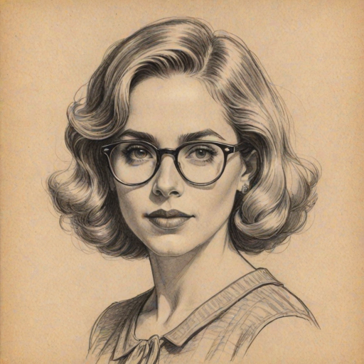 Charming Kerry Butler, pencil sketch, portrait of Bewitching woman 1930s in glasses, hair style beatnik, outline, clear lines, fine lines, 8k