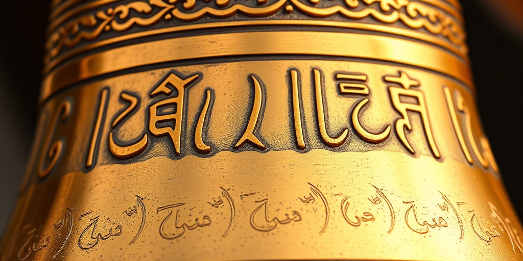 Create a highly detailed close-up of a golden bell with intricate engravings and a polished surface, using a DSLR camera with a 50mm lens, aperture f/2.8, ISO 100, and natural lighting to enhance reflections and textures.