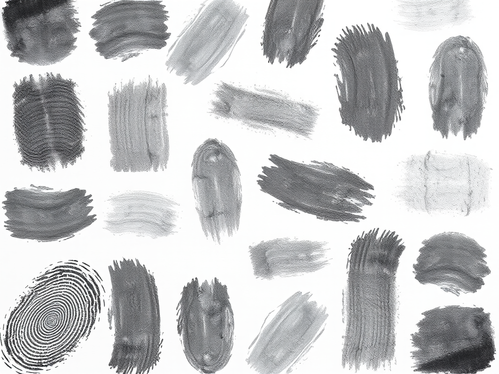 create a high-resolution image of a grid pattern featuring various black and gray fingerprint-like smudges on a white background, use a DSLR camera with a 50mm lens, aperture set to f/2.8, ISO 100, and a shallow depth of field to enhance texture and contrast, shot from a flat overhead angle.