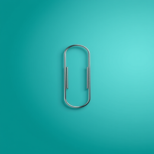 Generate a highly detailed digital illustration of a silver paperclip on a gradient teal background, using a DSLR camera with a 50mm lens, aperture f/2.8, ISO 100, shallow depth of field, and soft lighting to enhance reflections and shadows.