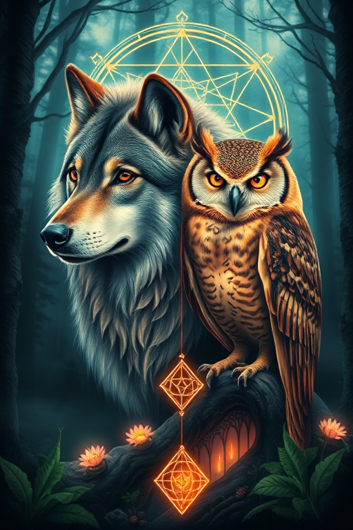 Photorealistic color tattoo titled "Nature's Guardians" showcasing a hyper-detailed wolf and owl in a mystical forest setting, with glowing eyes and ethereal aura effects, incorporating elements of sacred geometry in the background to enhance the magical atmosphere, perfect for a full back or chest piece