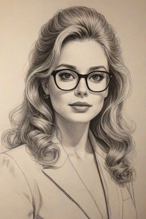 Dazzling Allie Grant, pencil sketch, portrait of Elegant woman 1980s in glasses, hair style beatnik, outline, clear lines, fine lines, 8k