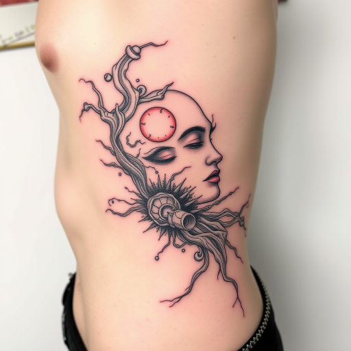 Continuous line tattoo entitled "Fluid Motion" depicting a complex scene or portrait using a single, unbroken line that flows seamlessly across the skin, perfect for ribs or back placement