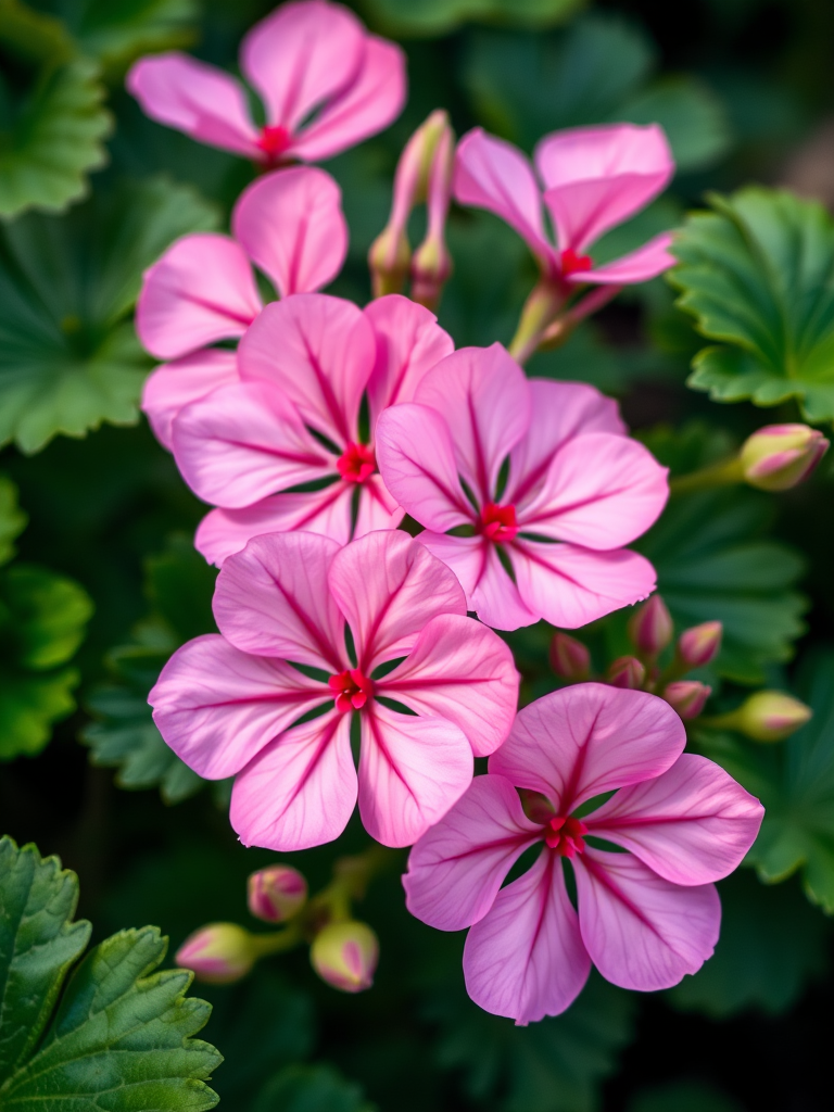 Create a vibrant close-up image of pink geranium flowers surrounded by lush green leaves, captured with a DSLR camera at f/2.8 aperture, 50mm lens, natural lighting, and soft focus for a delicate, detailed aesthetic.