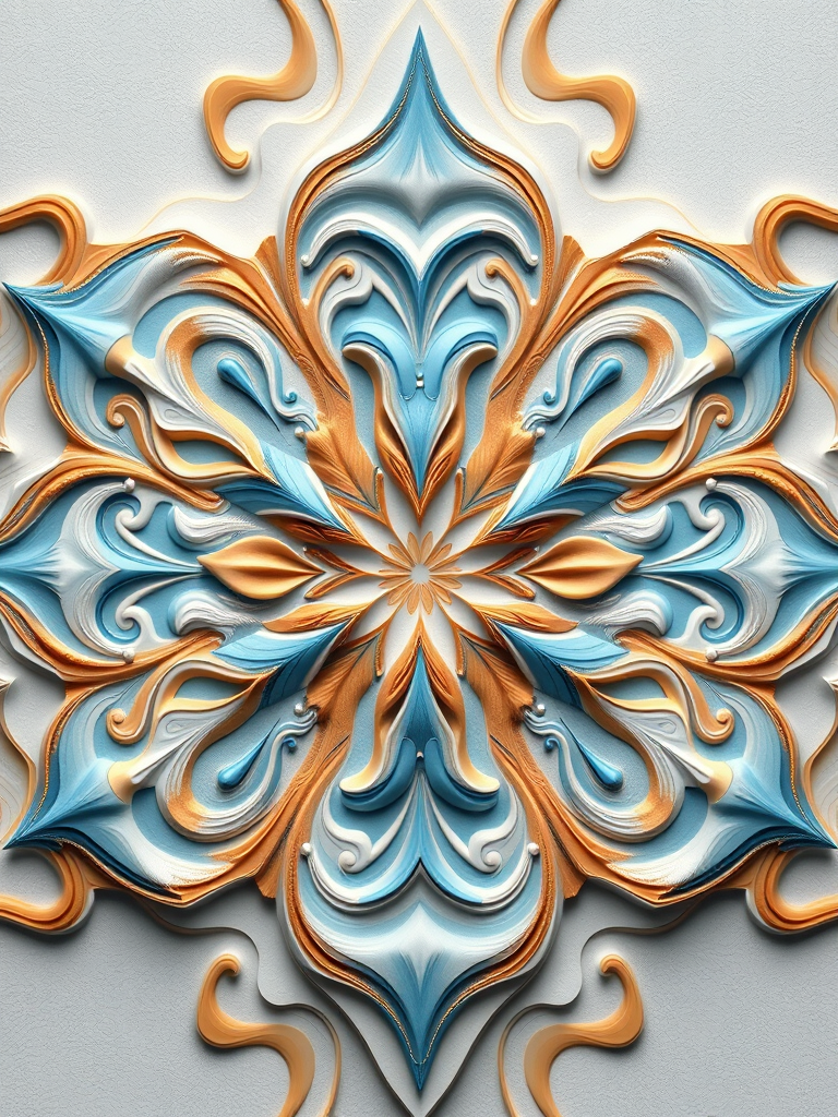 Create a high-resolution digital art piece featuring a symmetrical design with swirling patterns in soft blue, tan, and white, utilizing a Canon EOS R5 with a 50mm f/1.8 lens at f/2.8, ISO 100, capturing a flat lay view, ensuring vibrant colors and crisp details.