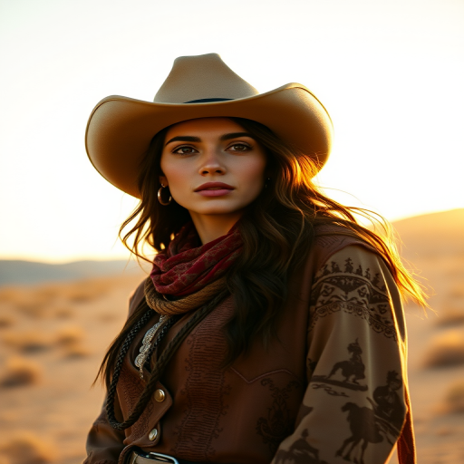 Dramatic photo of a beautiful Persian woman, classic cowboy attire, confident and free spirit expression, half-length portrait, centered, golden hour desert landscape, warm, diffused light, low angle, medium format film camera, in style of Annie Leibovitz.