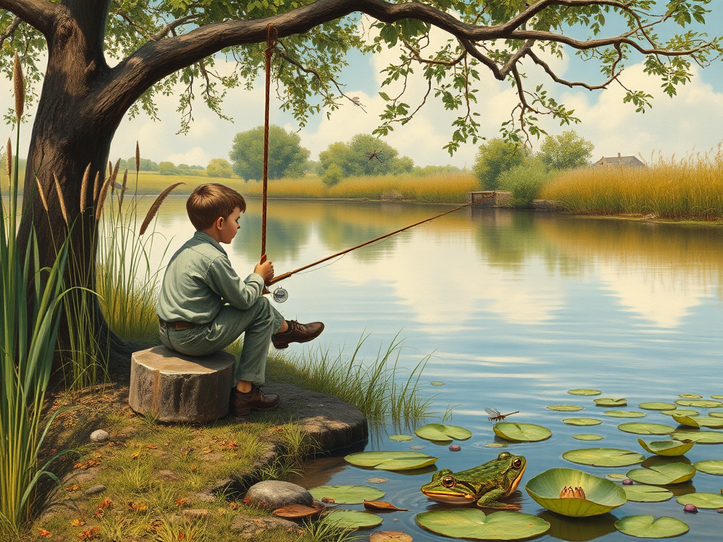 Imagine a small group of old fashioned young boys out fishing by the creek, a swing hanging from a tree branch, reeds and grasses by the water's edge, a frog sitting on a lily pad, dragonflies hovering over som water plans, a very iconic old fashioned scene reminiscent of a Norman Rockwell painting style