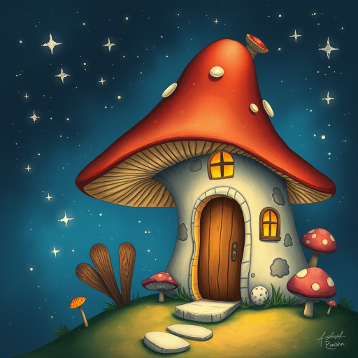 this image is illustration of a mushroom house with a door and a window, a storybook , fantasy art, mushroom house, bg starry sky, sparkles