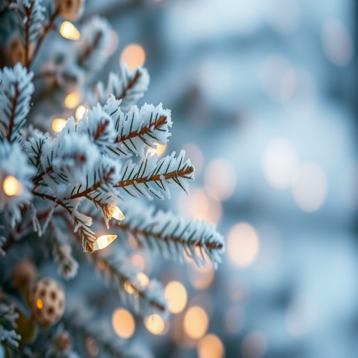 Create a serene winter scene featuring a close-up of soft, frosted evergreen branches adorned with delicate, twinkling lights. The background should be a dreamy blur of soft, glowing bokeh in cool tones, evoking a peaceful holiday atmosphere.