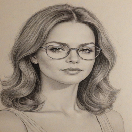 Attractive Brooke Adams, pencil sketch, portrait of Graceful woman 1977s in glasses, hair style beatnik, outline, clear lines, fine lines, 8k