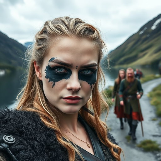 Instagram selfie of a nordic viking warrior princess with black warpaint under her eyes. There is a beautiful norwegian fjord in the background and other viking troops walking past her. She looks fierce and beautiful yet calm