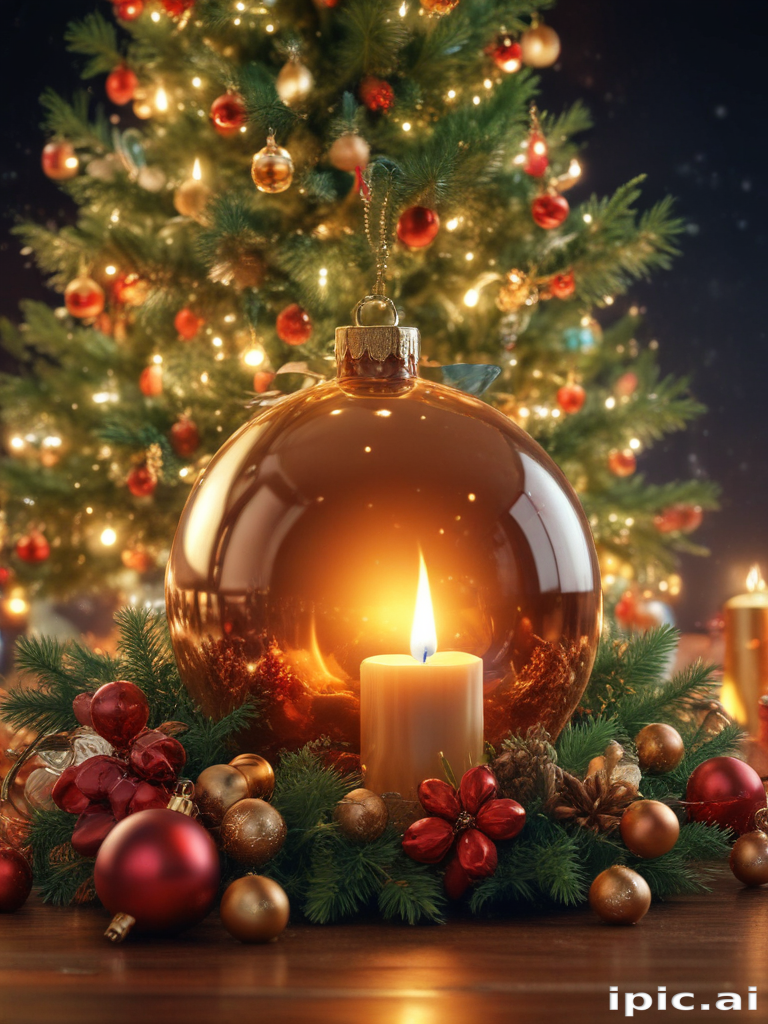 Festive Christmas Scene with a Glowing Candle and Decorated Tree