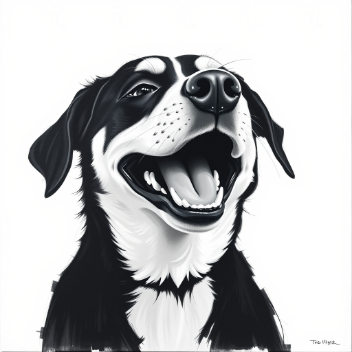 Abstract black and white acrylic portrait of an over exaggerated laughing (dog). Minimalism style. White background.