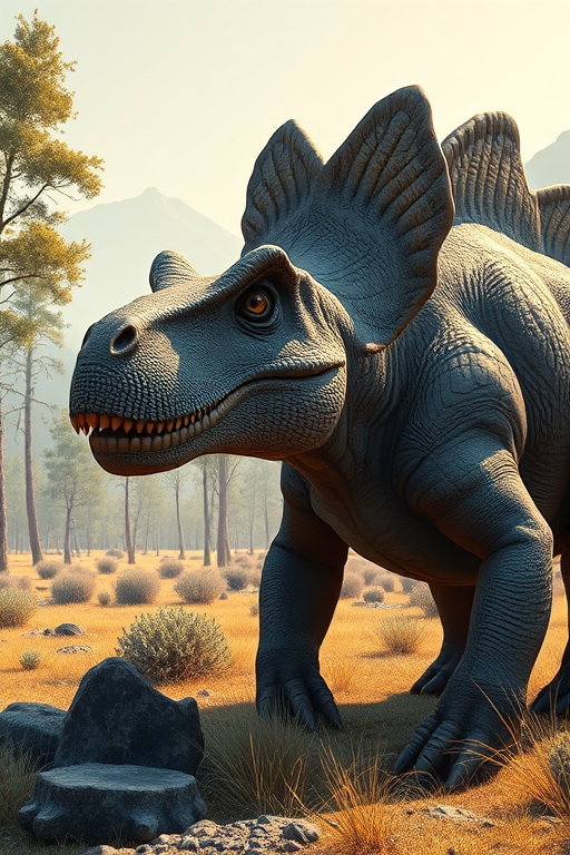 highly detailed illustration of a stegosaurus in a prehistoric landscape, soft natural lighting, close-up view, digital art style, DSLR camera settings: f/8, ISO 100, 1/200s