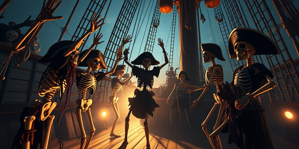 Create a dynamic scene of skeletal pirates celebrating on the deck of a ship, with dramatic lighting and shadows, using a DSLR camera with a 50mm lens, aperture f/1.8, ISO 200, and a low angle perspective to enhance the depth and detail.