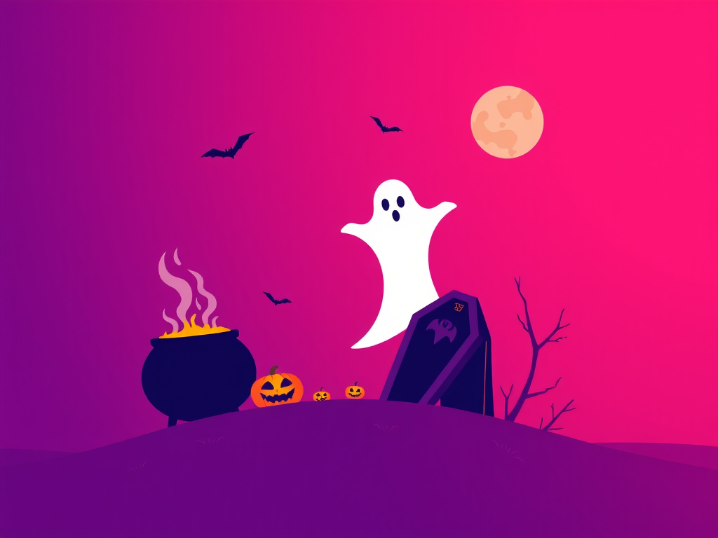 Create a minimalist digital illustration featuring a spooky Halloween theme with a cauldron, ghost, coffin, and vampire on a gradient purple to pink background, using a Canon EOS R with a 50mm f/1.8 lens at ISO 100, shutter speed 1/200s, capturing a bright, vibrant style.
