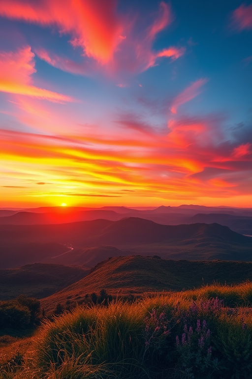 Create a high-resolution image of a serene landscape at sunset with vibrant colors, using a DSLR camera with a 50mm lens, aperture set at f/1.8, ISO 100, and a focal length of 50mm, capturing a panoramic view.