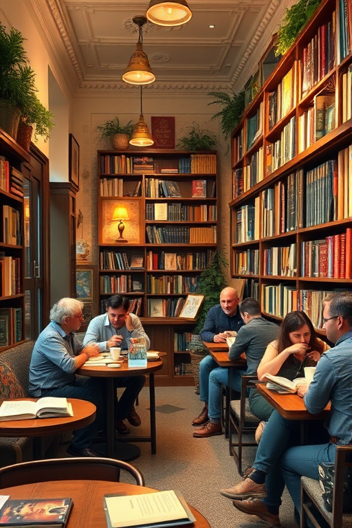 Charming bookstore cafe, with patrons sipping coffee while browsing books, shelves lined with literary treasures, and soft music playing in the background.