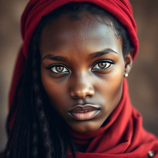 Create a portrait of a young Zulu woman with long, dark hair and captivating hazel eyes. She is wearing a red headscarf and a matching scarf draped gracefully around her neck. The background is softly blurred, focusing attention on her serene and natural expression. The overall color palette is muted and warm, enhancing the intimate and authentic feel of the portrait.