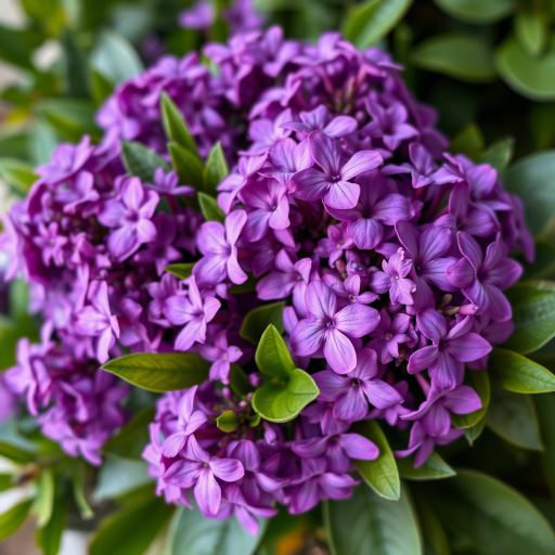 Generate a vibrant floral arrangement featuring clusters of purple flowers and lush green leaves, shot with a DSLR camera at f/2.8 aperture, ISO 100, 50mm lens, with a shallow depth of field and natural soft lighting for enhanced color contrast and clarity.