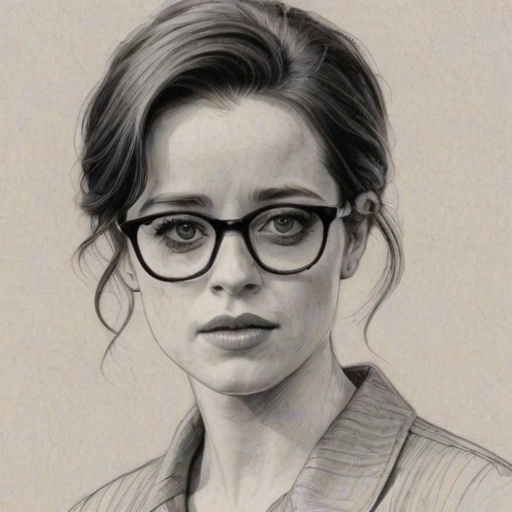 Alluring Claire Foy, pencil sketch, portrait of Stunning woman 1957s in glasses, hair style beatnik, outline, clear lines, fine lines, 8k