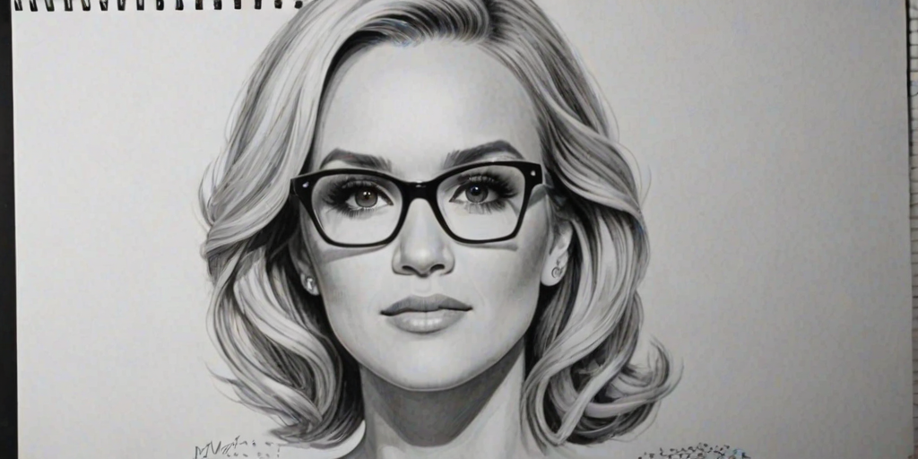 Graceful Carrie Underwood, pencil sketch, portrait of Enticing woman 1956s in glasses, hair style beatnik, outline, clear lines, fine lines, 8k