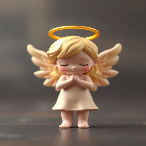 Create a 3D render of a small angelic figure with a golden halo and wings, standing with a shy posture, shot with a DSLR camera at f/2.8 aperture, 50mm lens, and a soft focus background to enhance the figure's details.