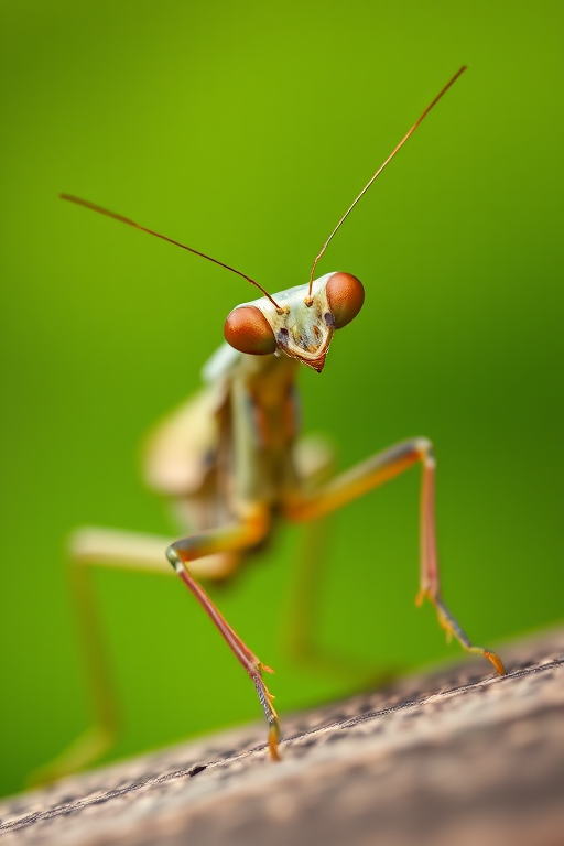 Close-up of a praying mantis on a textured surface, f-stop 2.8, shutter speed 1/200s, ISO 100, macro lens, natural light, shallow depth of field, vibrant green background, captured with a DSLR camera.