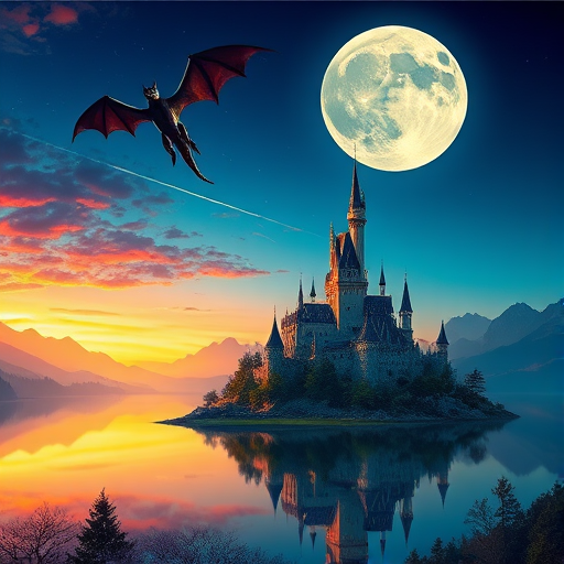 A fantasy castle on an island surrounded by a lake under a large moon, a dragon flying in the sky, vibrant colors, with a silhouette of trees and mountains in the background, taken with a Canon EOS R5, 50mm lens, f/1.8, ISO 100, at golden hour for enhanced contrast and saturation.