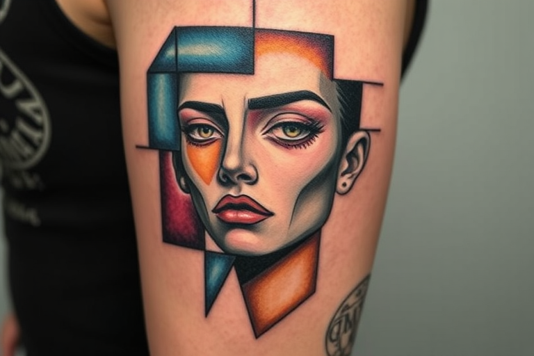 Cubist-inspired tattoo titled "Fragmented Reality" reimagining a human face broken into geometric planes and abstract forms, utilizing a limited color palette to enhance the visual impact, perfect for upper arm, thigh, or back placement