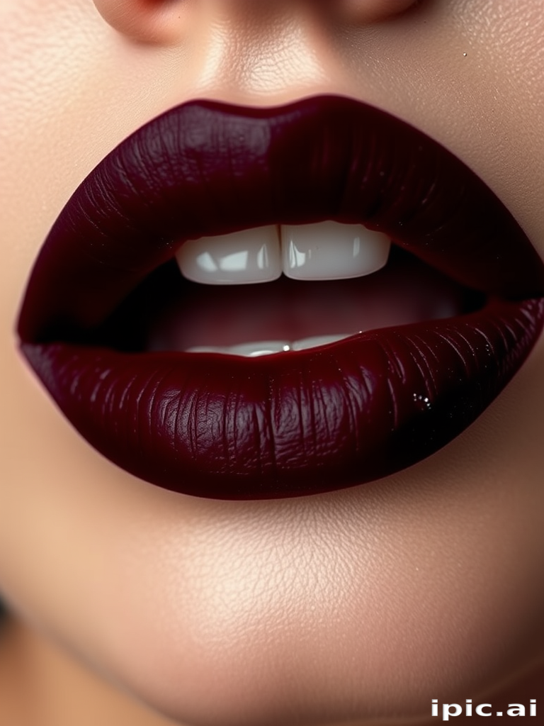 Velvety matte burgundy lips with "Wine Noir" style, enhanced by a subtle black outline and tiny flecks of silver glitter for a dramatic and sophisticated look