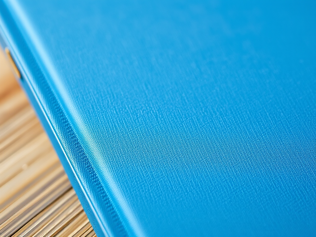 create a highly detailed, close-up view of a solid blue book cover with a smooth texture, using a DSLR camera set to f/2.8, ISO 100, 50mm lens, with natural lighting to enhance color vibrancy and depth.