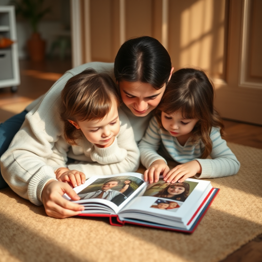 a warm, intimate scene of a parent and child looking at a photo album on a textured floor, soft natural lighting, shallow depth of field, 50mm lens, f/2.8, ISO 400, aperture priority mode, shot with a DSLR camera