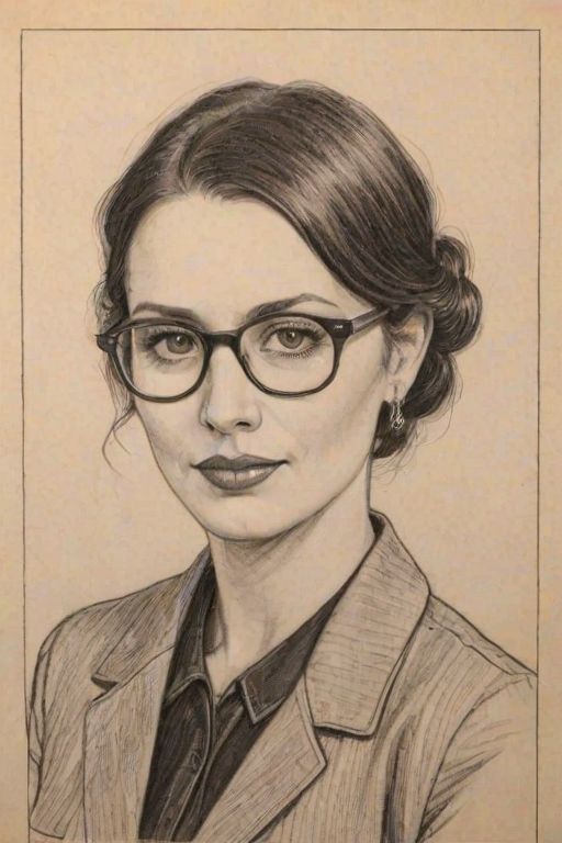 Fetching Beth Dover, pencil sketch, portrait of Splendid woman 1928s in glasses, hair style beatnik, outline, clear lines, fine lines, 8k