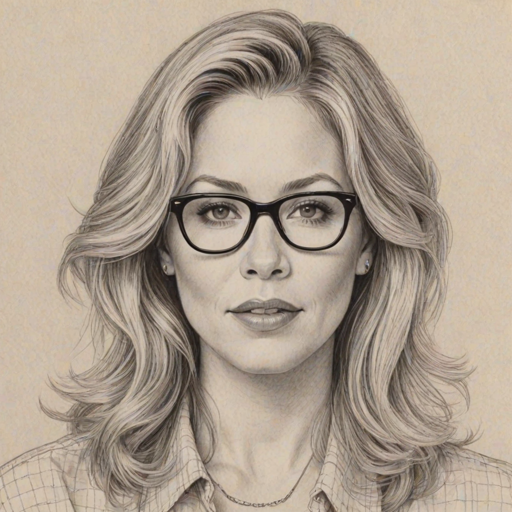 Resplendent Christina Applegate, pencil sketch, portrait of Fascinating woman 1980s in glasses, hair style beatnik, outline, clear lines, fine lines, 8k