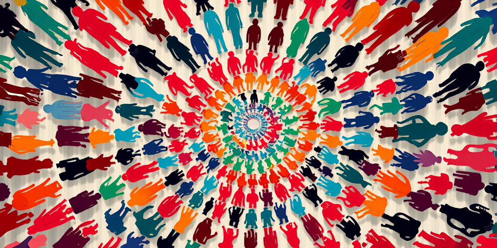 Create a vibrant spiral pattern of diverse human silhouettes in various colors and poses, utilizing a Canon EOS R5 with a 50mm lens, aperture set at f/8, ISO 200, shot from a bird's-eye view in high dynamic range style for enhanced clarity and contrast.