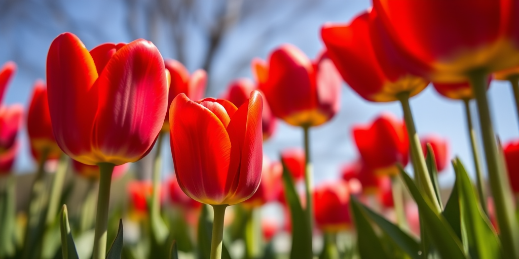 Close-up shot of vibrant red tulips in full bloom, ISO 100, f/2.8, 1/200 sec, natural light, macro lens, DSLR camera, focused in a low angle view to capture details and enhance colors.